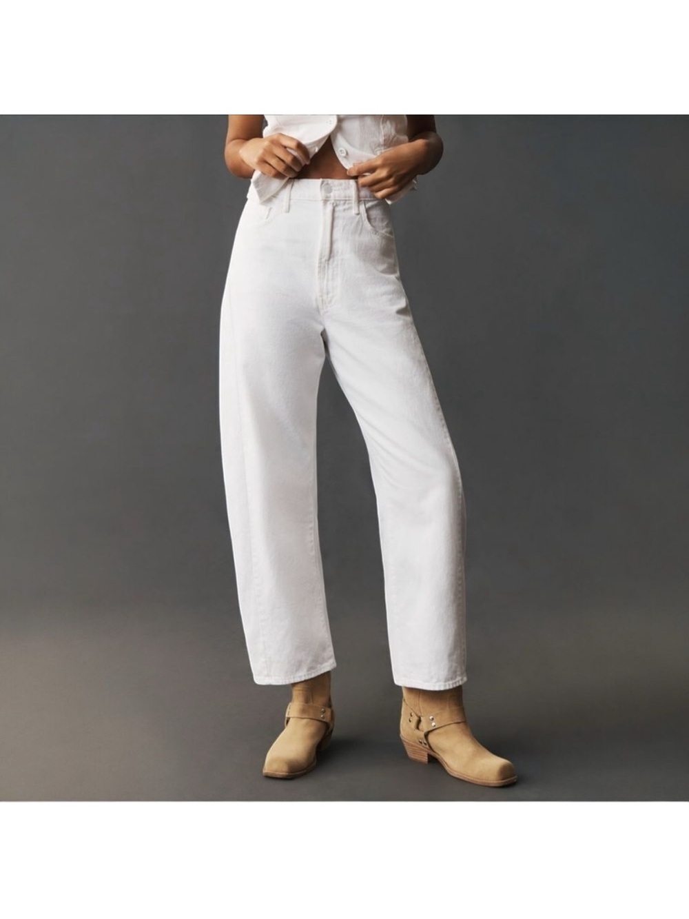 MOTHER Full Pipe Flood High-Rise Barrel Jeans White Picket Fence
